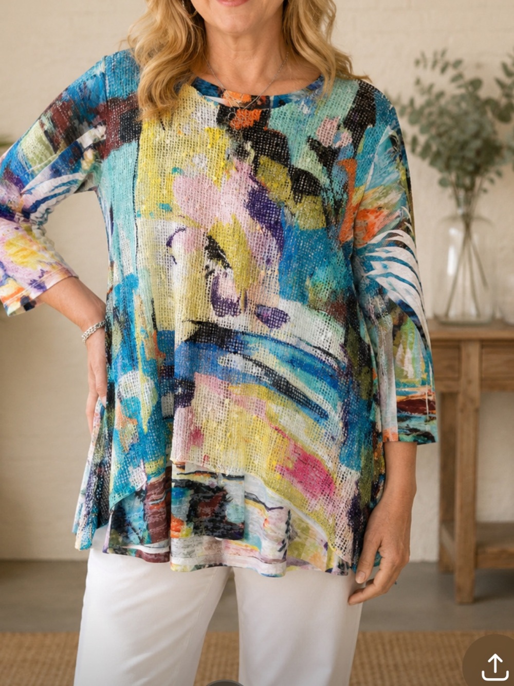 Jess & Jane Ocean Park Mesh Overlay‎ Tunic Top Large Artsy Abstract Made In USA - Picture 2 of 8